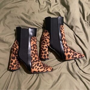 Leopard Print Heeled Boots with Black Trim